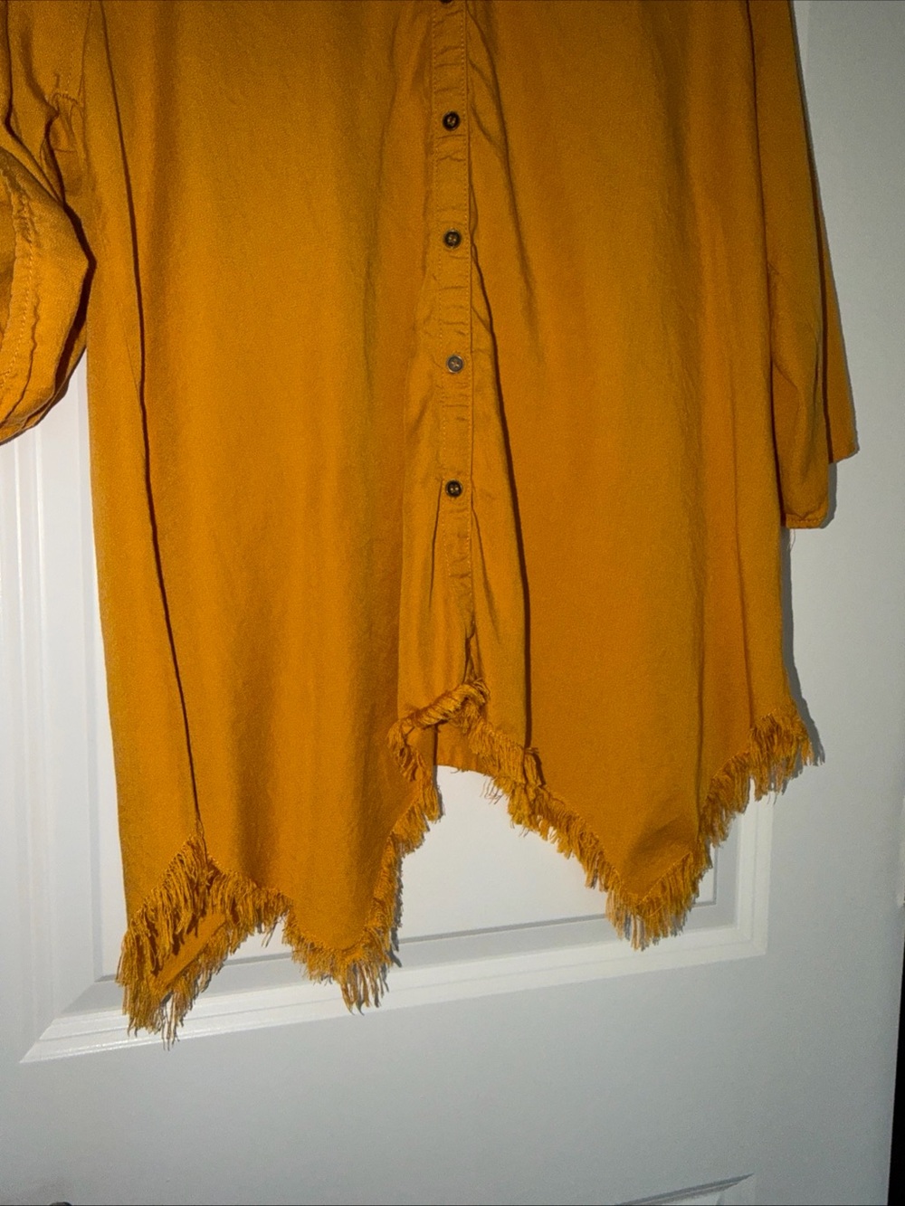 Relaxed Button-Front Frayed-Hem Tunic - Mustard - Picture 7 of 8